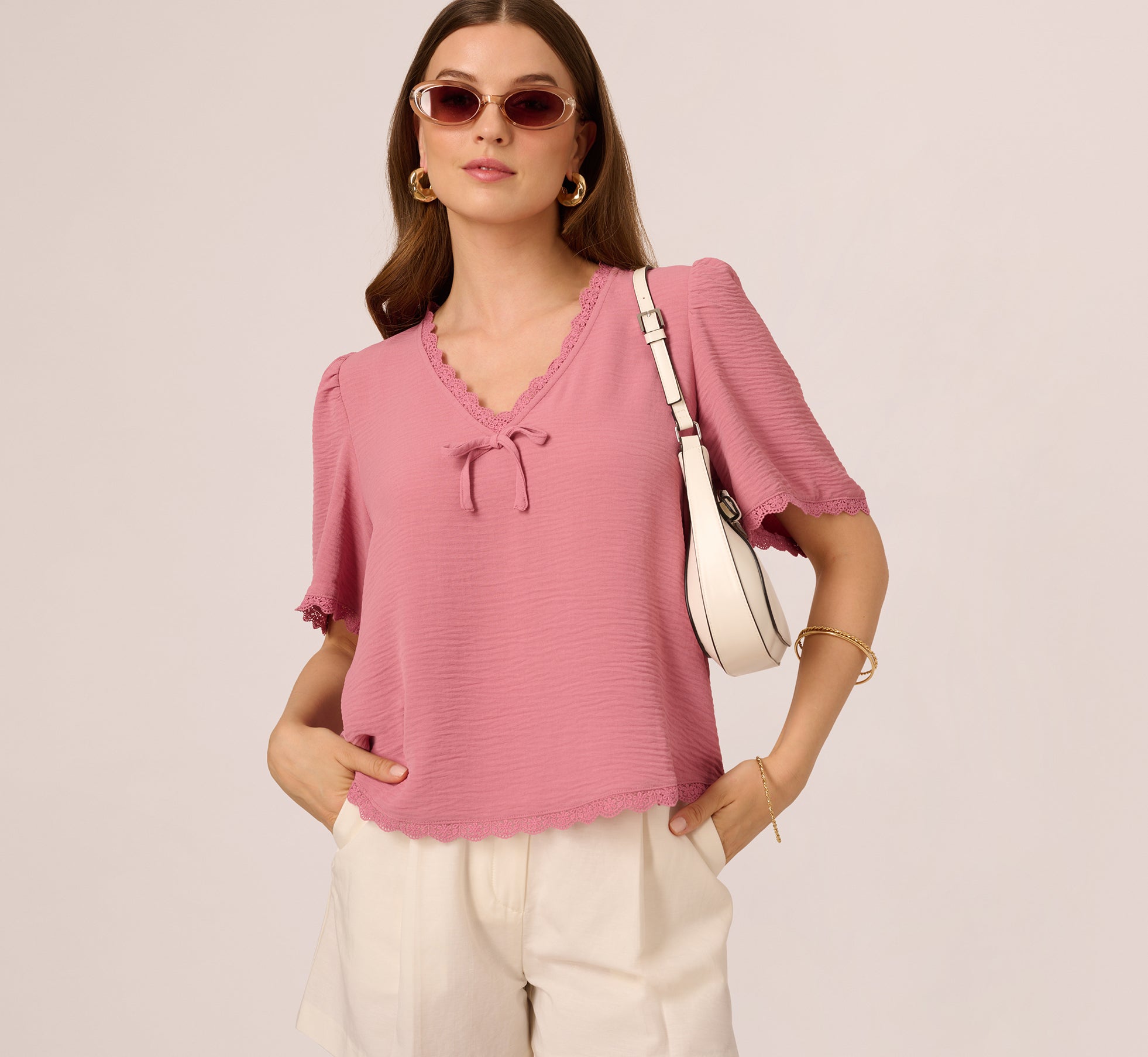 Short Sleeve Crochet Trim Top In Mesa Rose、mySite、solidvoid