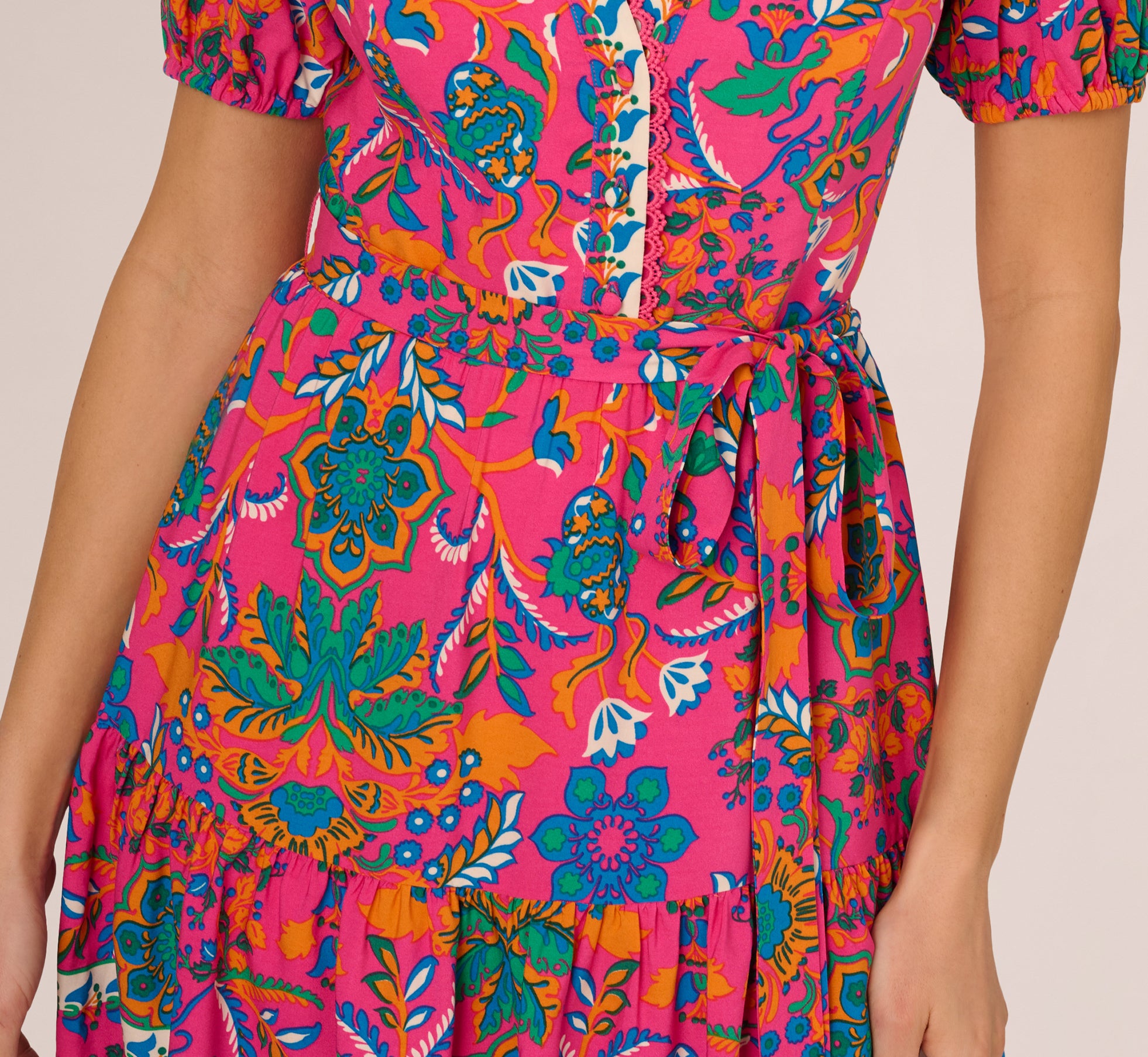 Puff Sleeve Retro Printed Short Dress In Hot Pink Multi、mySite、solidvoid