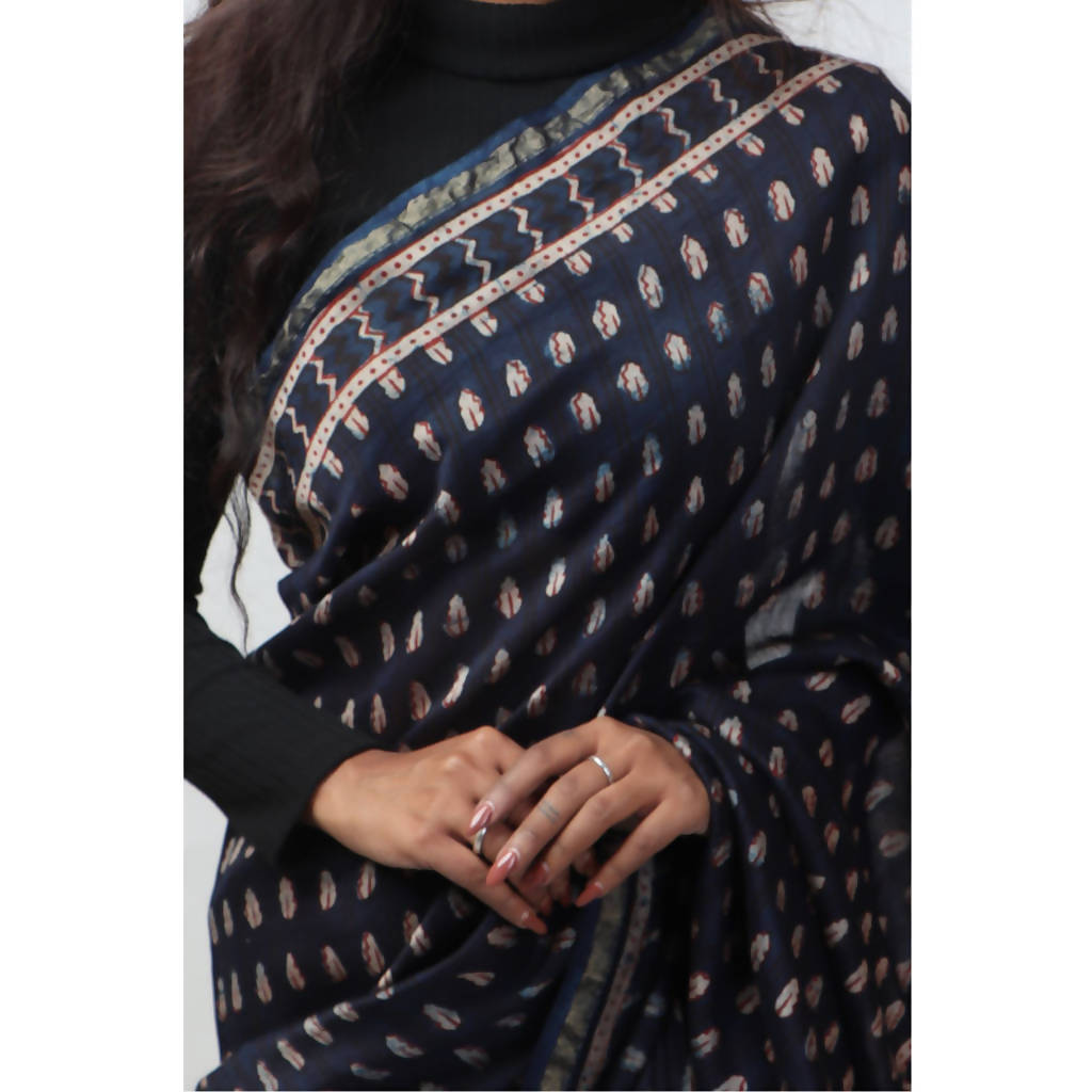 Natural Dyed Dark Blue Dabu Printed Chanderi Saree、mySite、camillekostekn