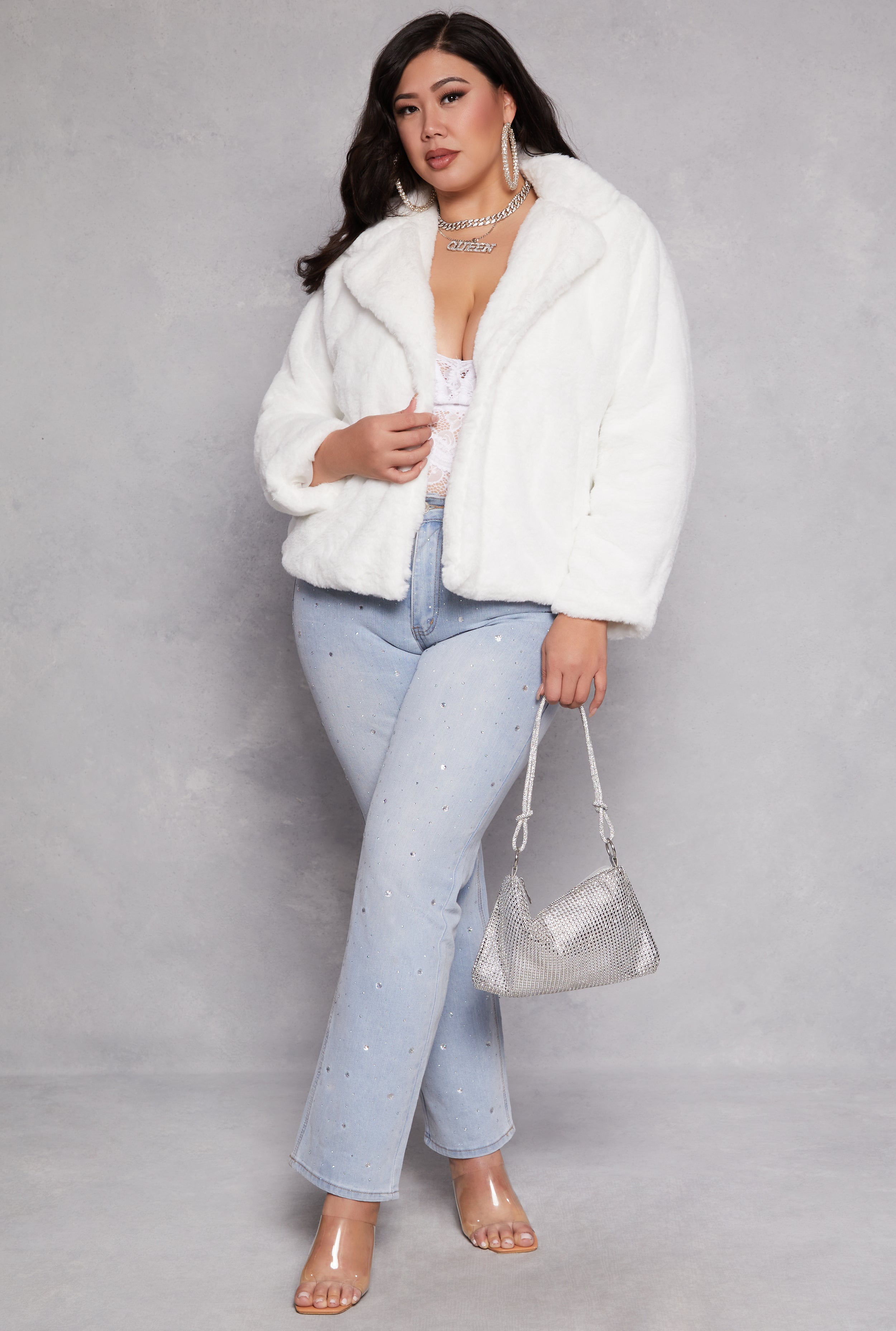 Plus Size Snap Button Faux Fur Jacket、mySite、camillekostekn