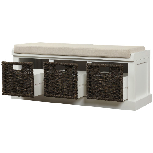 TREXM Rustic Storage Bench with 3 Removable Classic Rattan Basket , Entryway Bench Storage Bench with Removable Cushion (White)、、casual