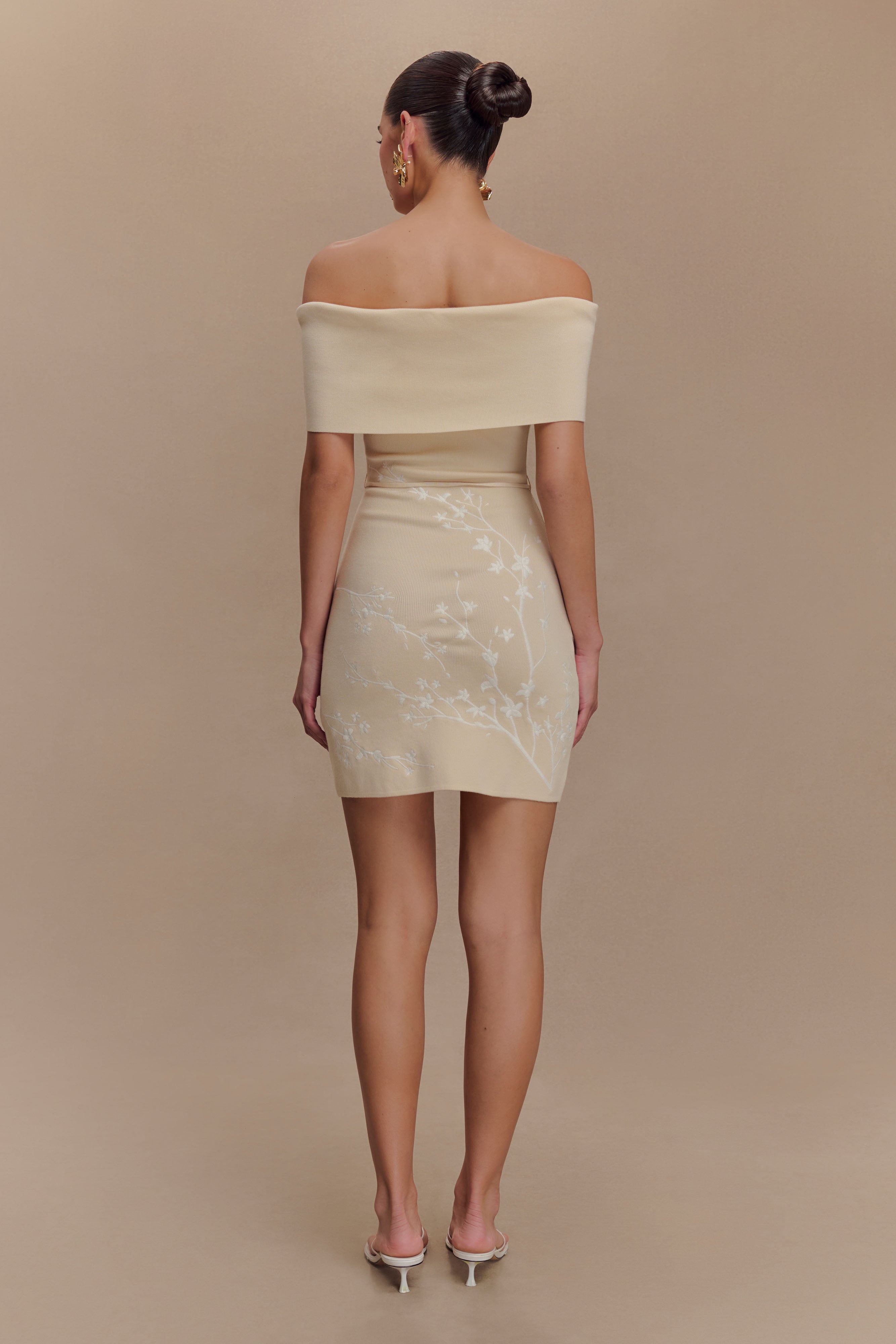 Mallory Off Shoulder Embroidered Knit Mini Dress - Cream And Ivory、mySite、solidvoid