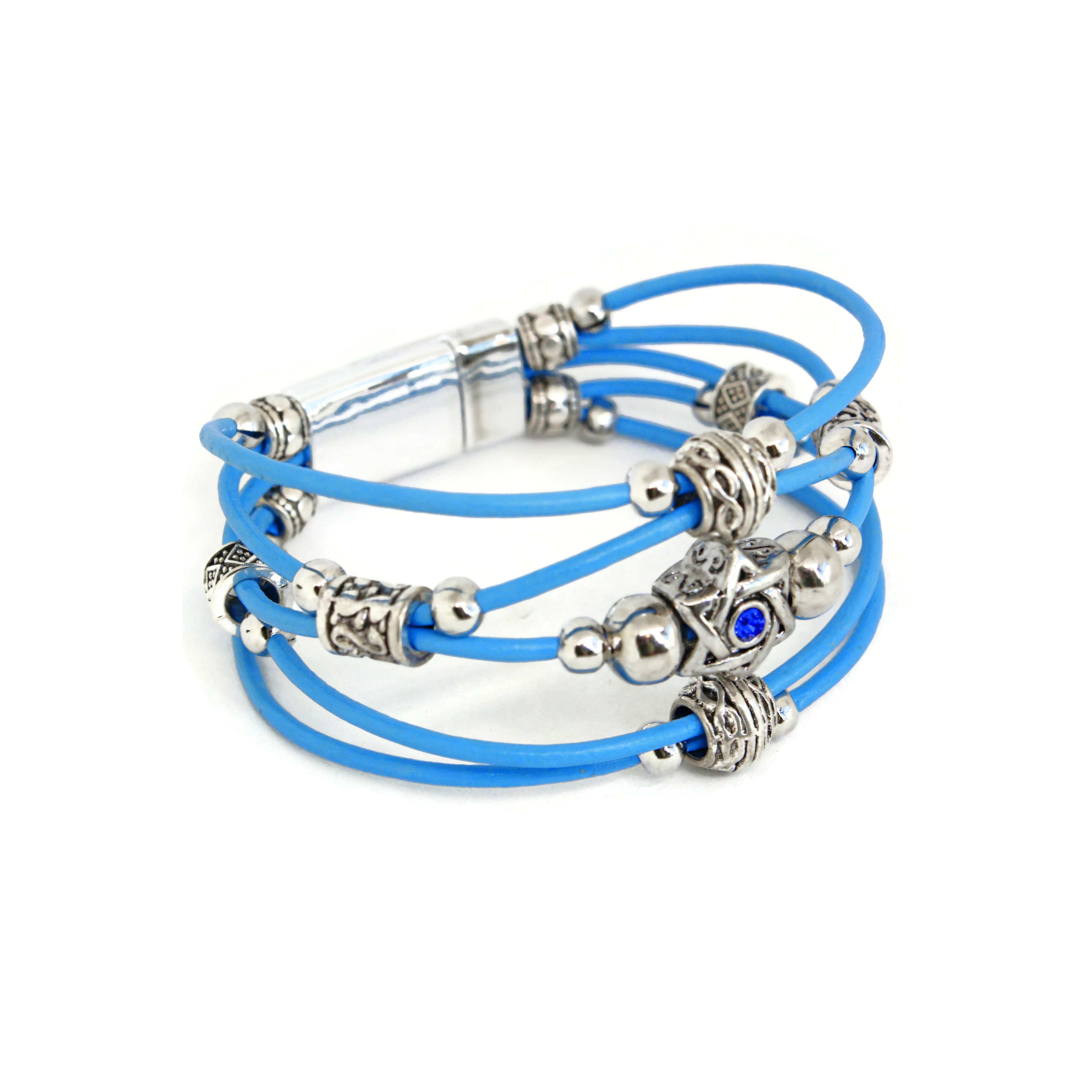 Swarovski Star of David Beaded Leather Bracelet - Sky Blue、mySite、topwebapps