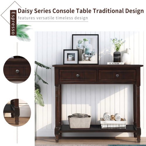 TREXM Daisy Series Console Table Traditional Design with Two Drawers and Bottom Shelf (Espresso)、、casual
