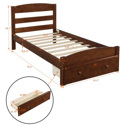 Platform Twin Bed Frame with Storage Drawer and Wood Slat Support No Box Spring Needed, Espresso、、casual