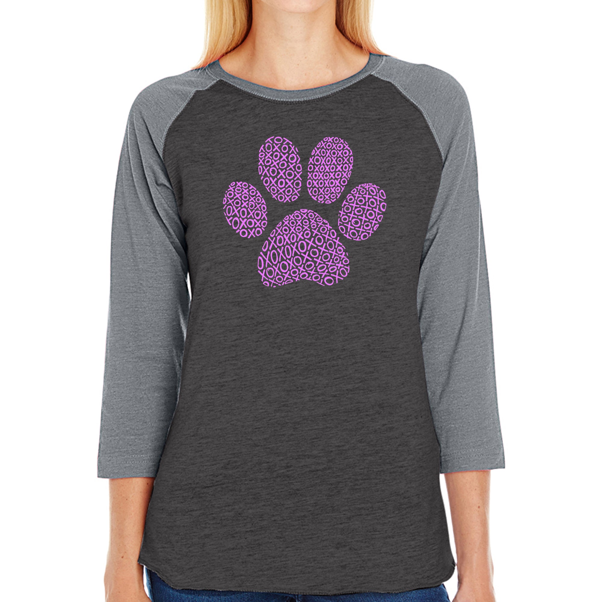 XOXO Dog Paw - Women's Raglan Word Art T-Shirt、mySite、camillekostekn