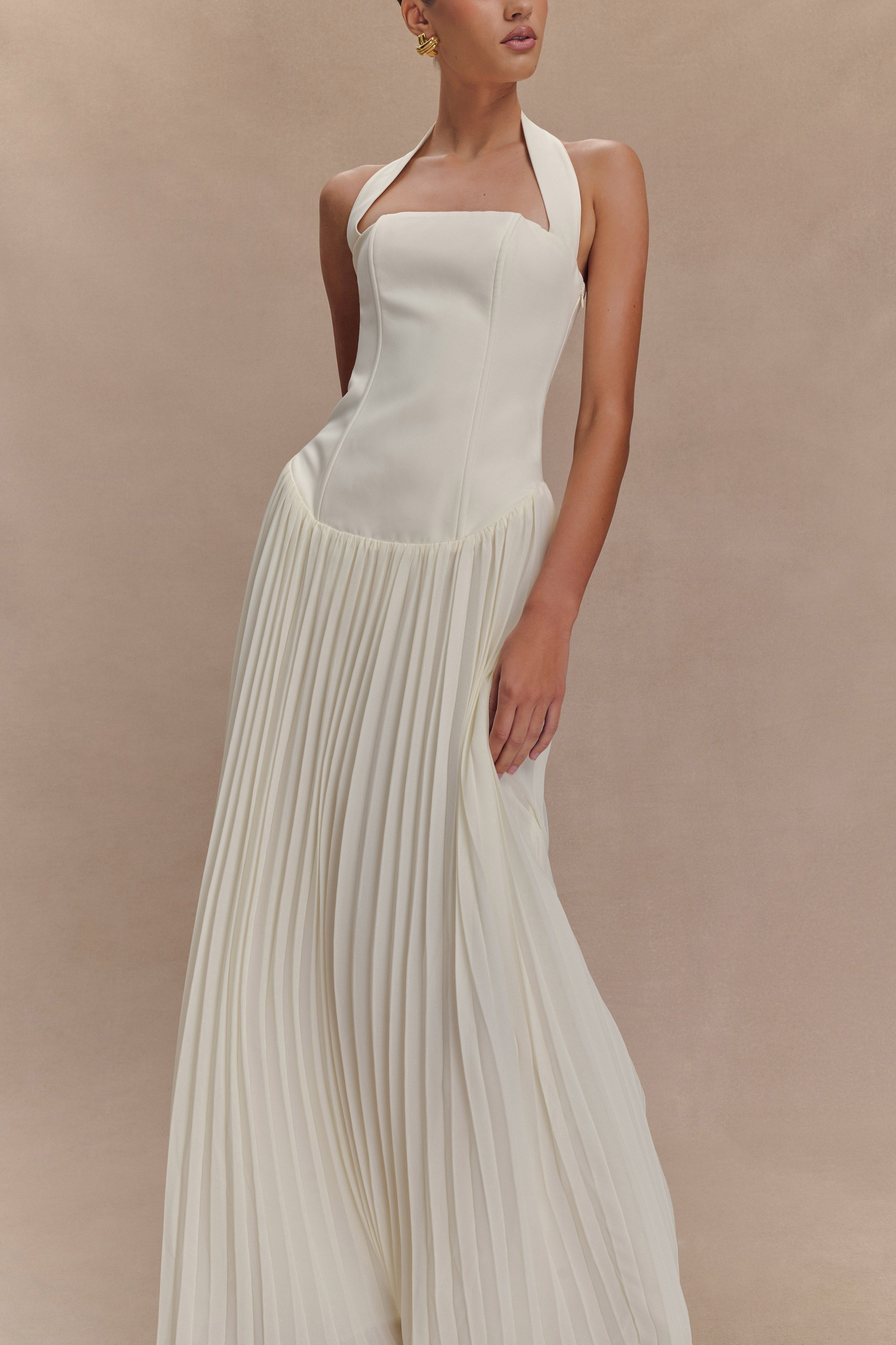 Stacie Pleated Halter Maxi Dress - Ivory、mySite、solidvoid