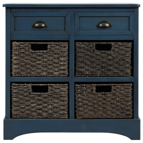 TREXM Rustic Storage Cabinet with Two Drawers and Four Classic Rattan Basket for Dining Room/Entryway/Living Room (Antique Navy)、、casual