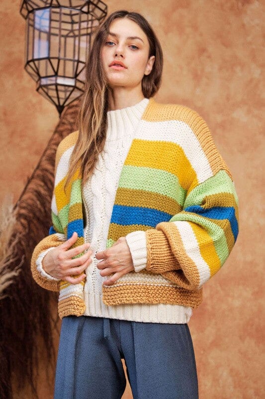 Davi & Dani Contrast Striped Open Front Lantern Sleeve Cardigan、mySite、camillekostekn