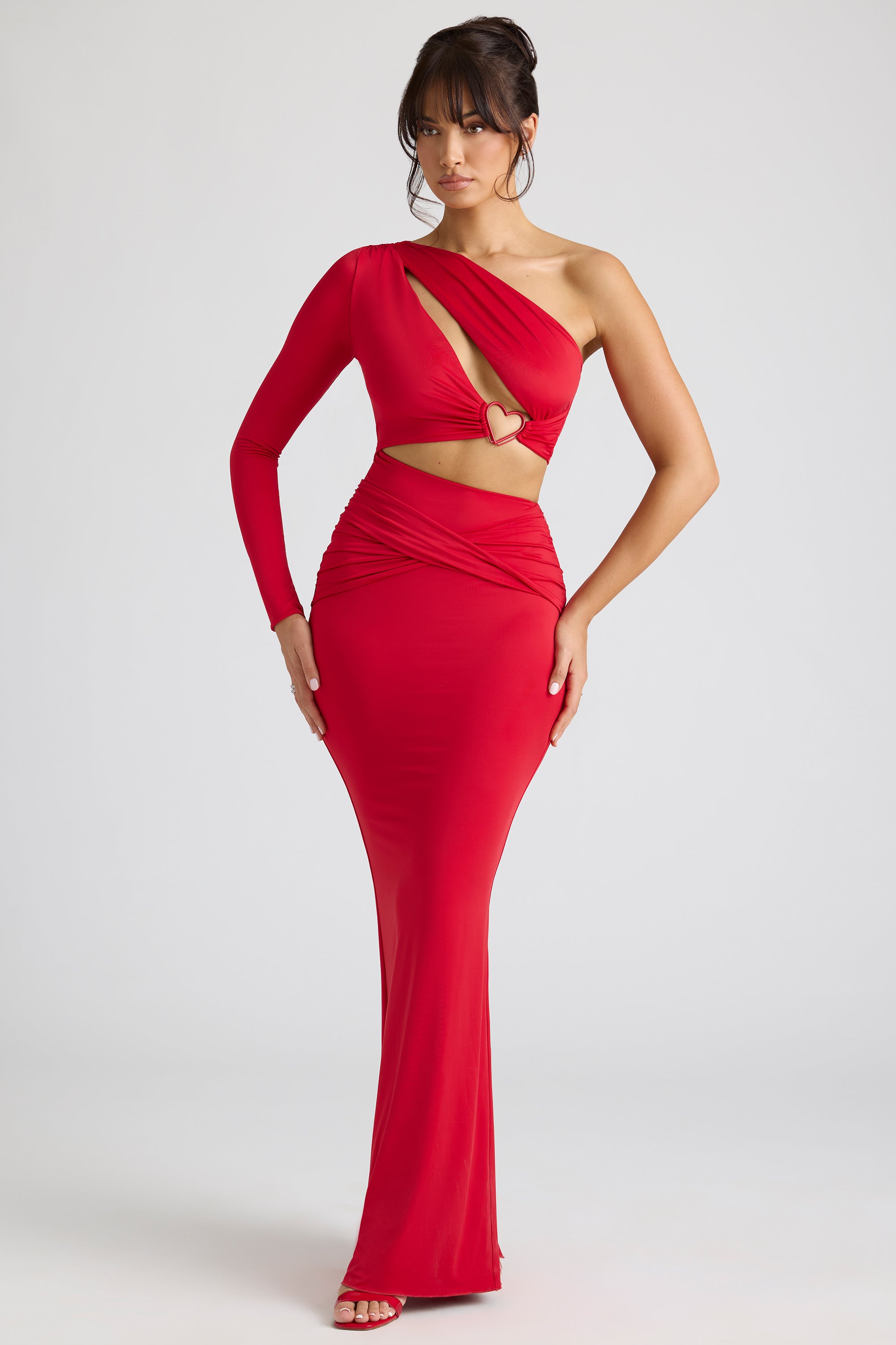 Single Sleeve Cut Out Evening Gown in Fire Red、mySite、solidvoid