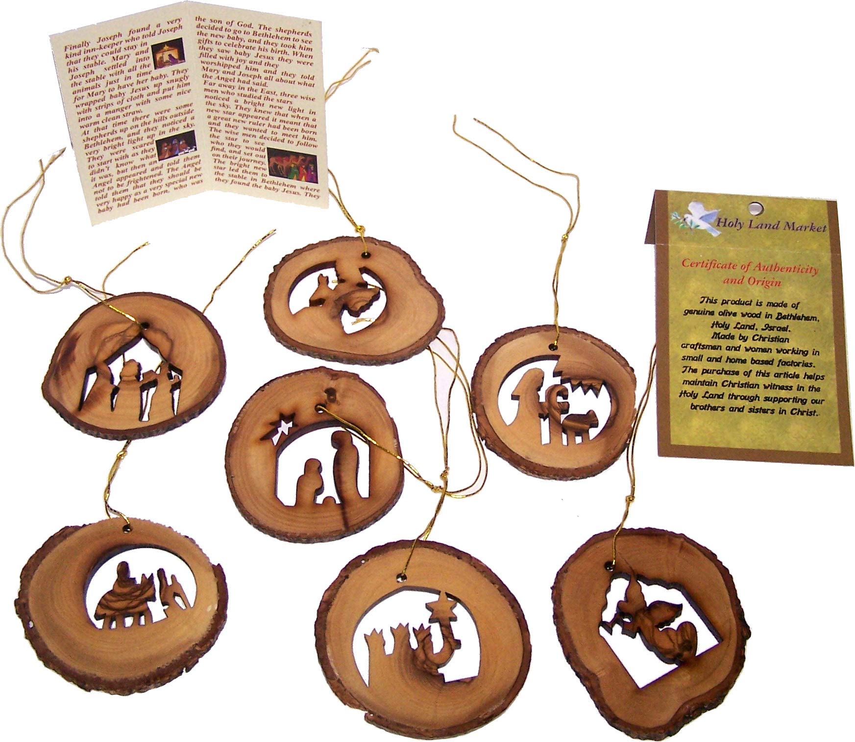 Holy Land Market Complete 7-Piece Olive Wood Bark Ornament Set - Inspirational Natural Wooden Christmas Decorations, Hand Carved in Bethlehem - Unique Christmas Ornaments & Decor Nativity Story Set、mySite、topwebapps