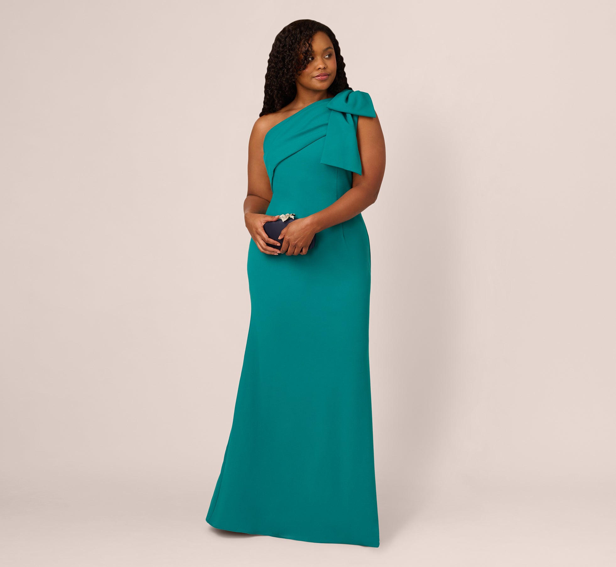 Plus Size Stretch Crepe One Shoulder Mermaid Gown With Bow Accent In Tempo Teal、mySite、solidvoid