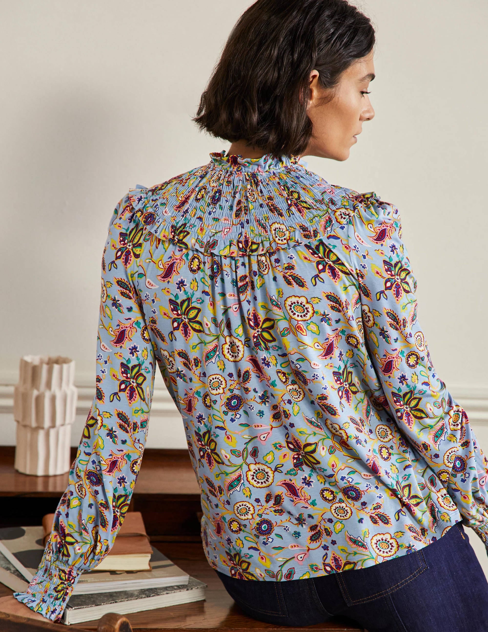  Smocked Neck Jersey Top-Dusty Blue, Opulent Paradise、mySite、ashleygrahame