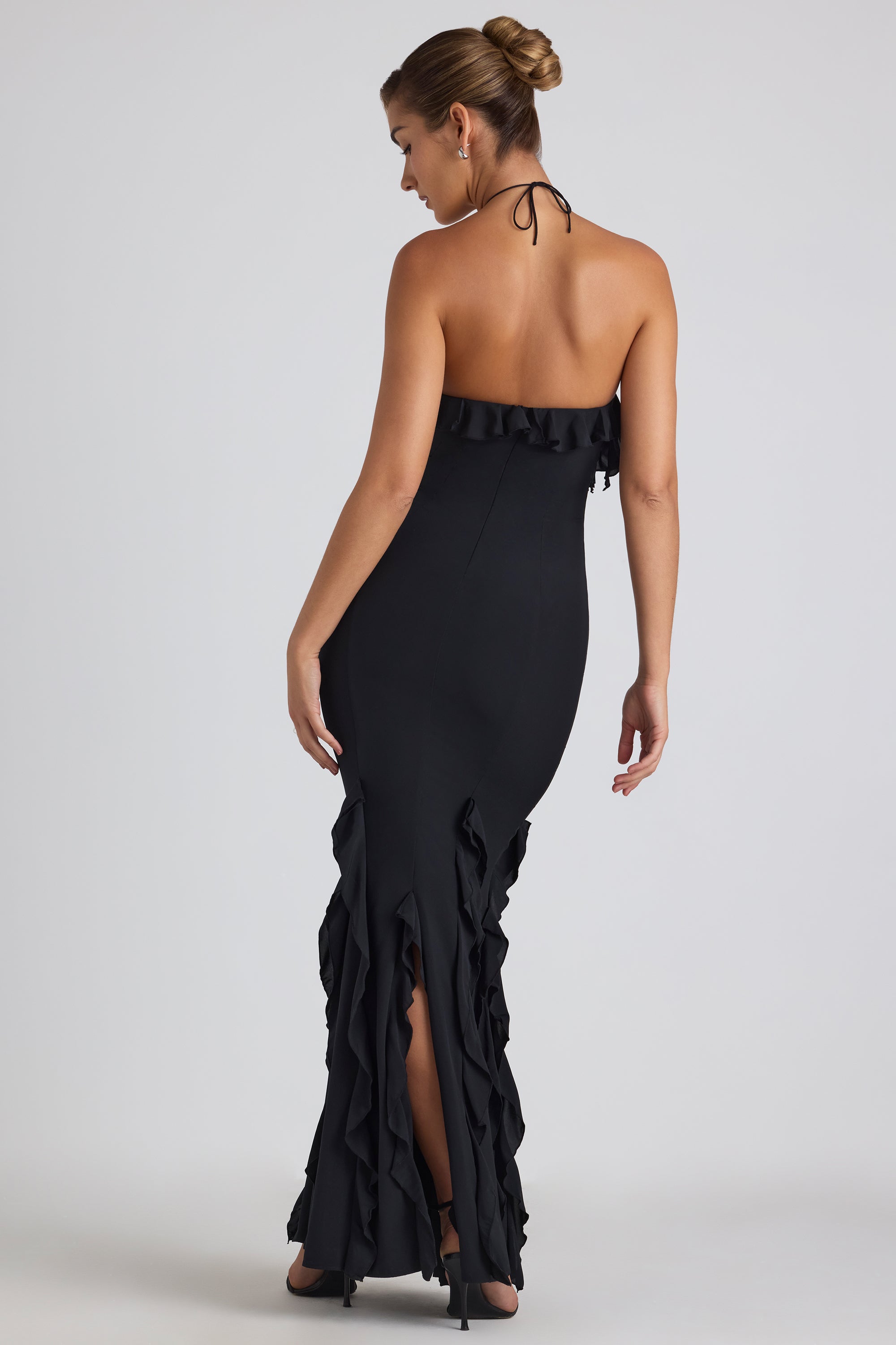 Ruffle-Trim Halterneck Gown in Black、mySite、solidvoid
