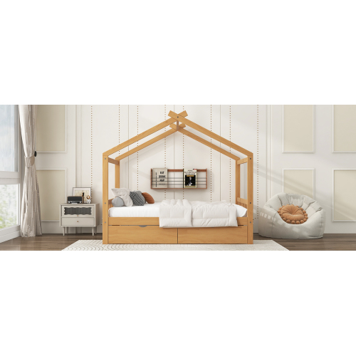 Twin Size House Platform Bed with Headboard and Footboard,Roof Design,Natural、、casual