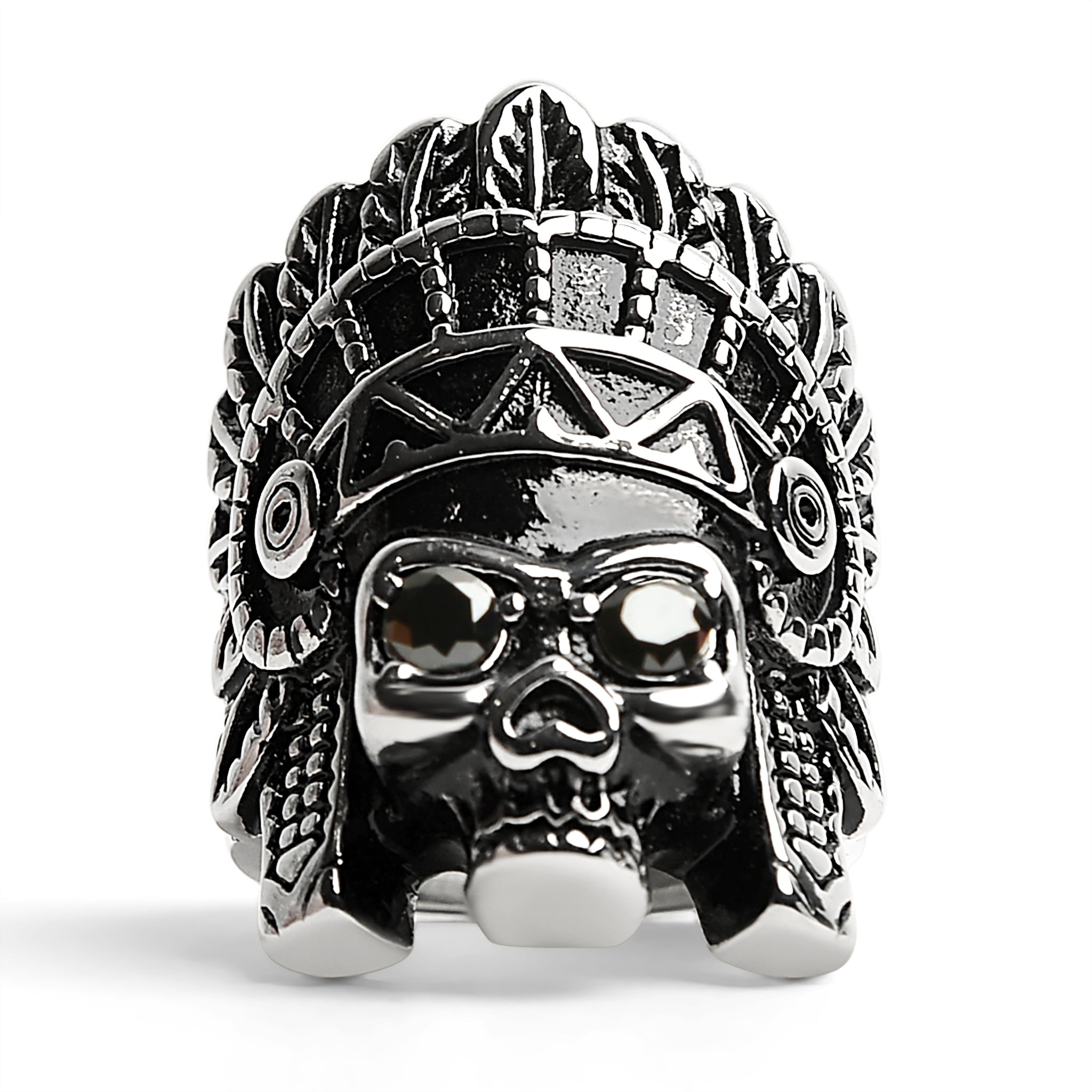Stainless Steel Black CZ Eyed Native American Chief Skull Ring / SCR4011、mySite、dreamappss