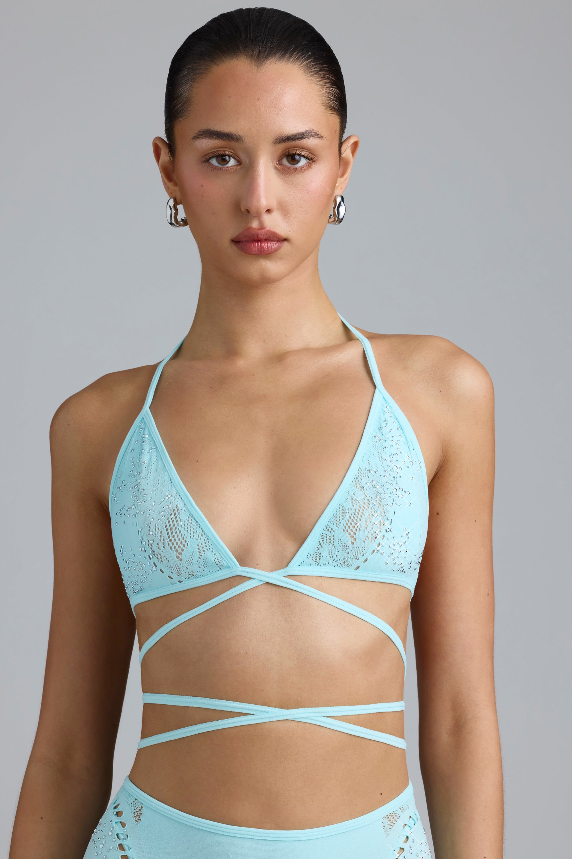 Embellished Cross-Strap Bikini Top in Ice Blue、mySite、solidvoid
