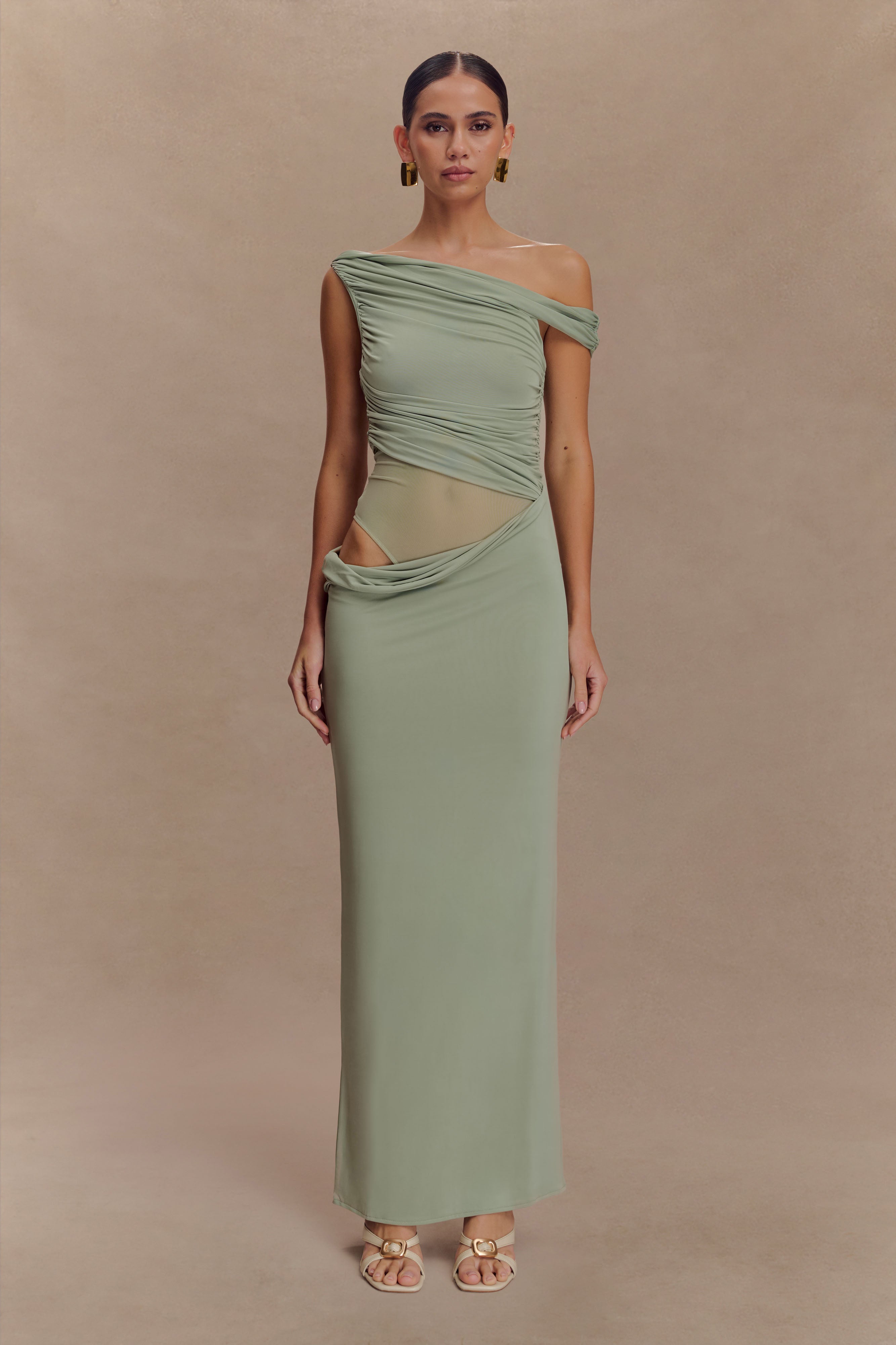 Callen One Shoulder Slinky Maxi Dress - Sage、mySite、solidvoid