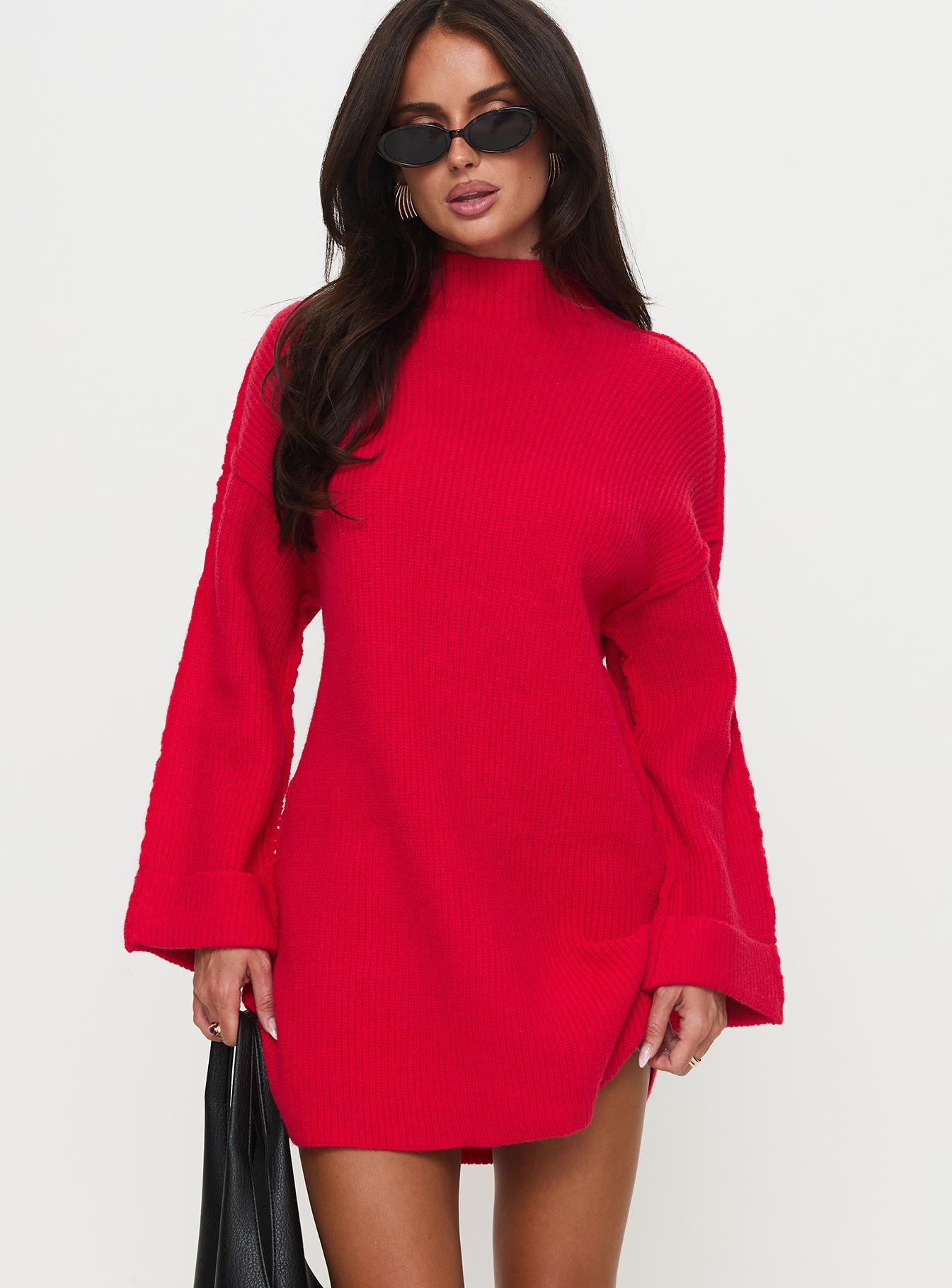 Weslie Long Sleeve Knit Mini Dress Red、mySite、solidvoid