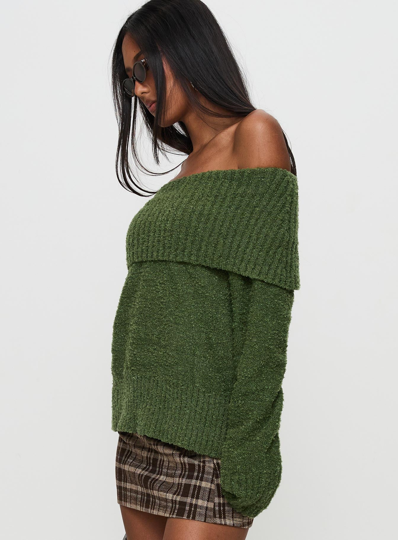 Parkley Boucle Off The Shoulder Sweater Olive、mySite、solidvoid