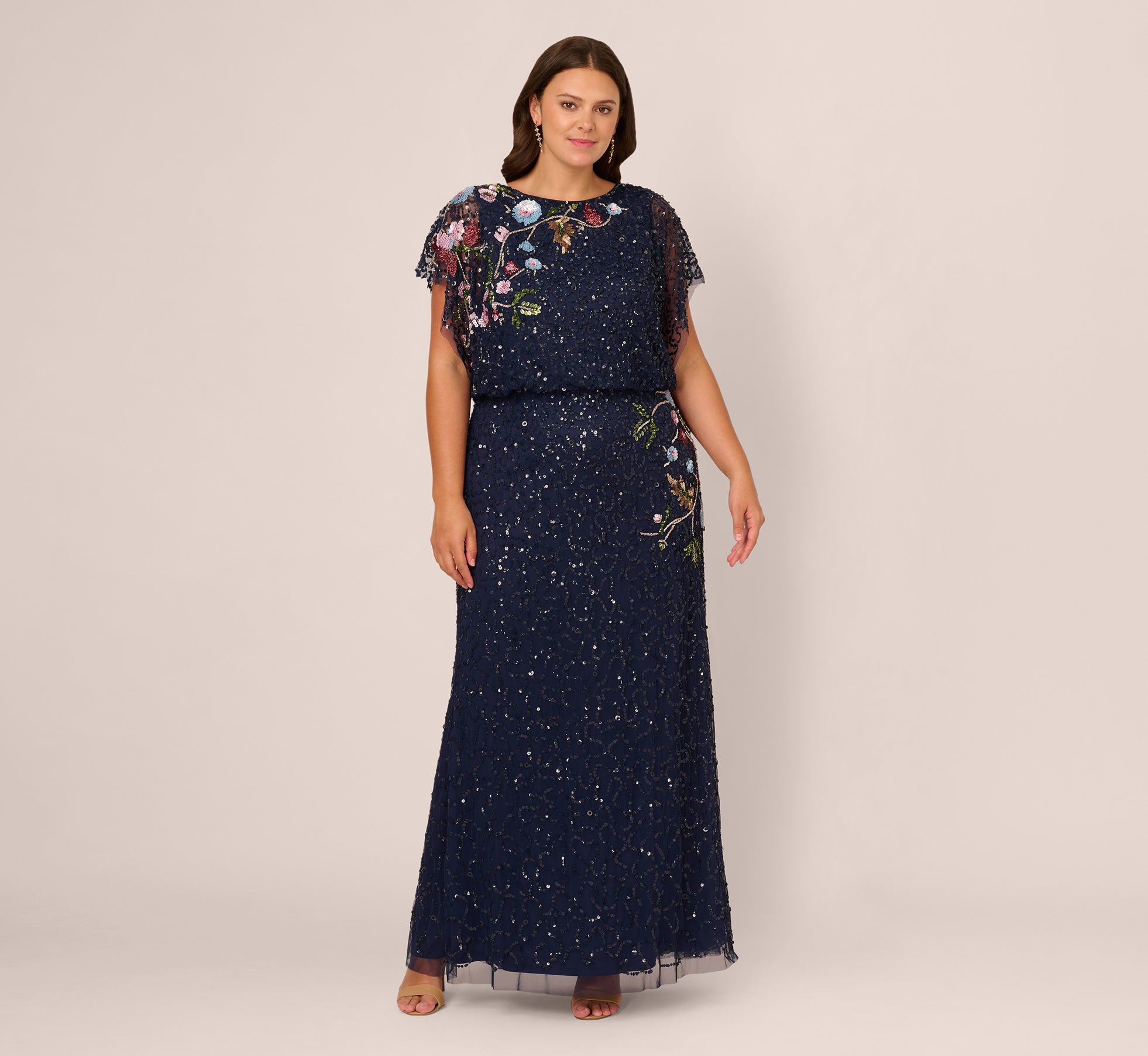 Plus Size Multicolor Floral Beaded Mermaid Gown With Dolman Sleeves In Midnight Multi、mySite、solidvoid