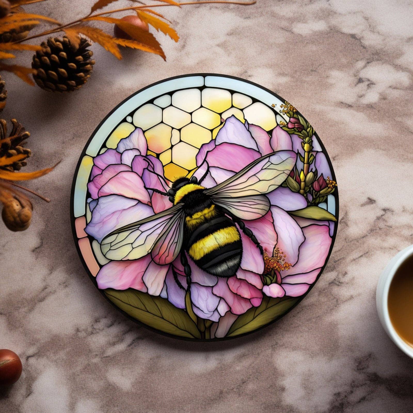 Bumble Bee Flower Stained Glass Ceramic Coasters、mySite、g9winljtr