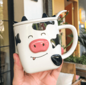 Cow Ceramic Coffee Mug with Lid and Spoon、mySite、g9winljtr