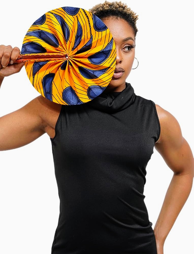 Dupsie's Khanita Foldable Orange and Blue Bulb/Peacock Patterned African Print Ankara Fan DPPF3816、mySite、solidvoid