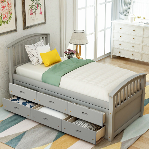 Orisfur. Twin Size Platform Storage Bed Solid Wood Bed with 6 Drawers、、casual