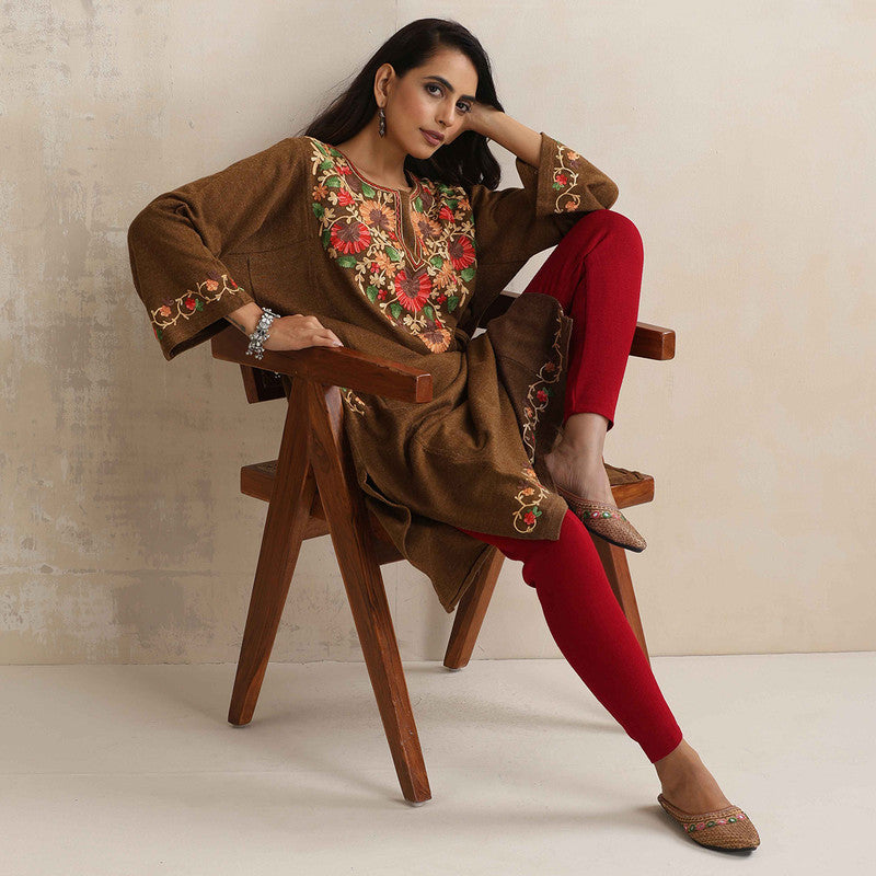 Woolen Kurta For Women | Floral Embroidered | Brown、mySite、camillekostekn