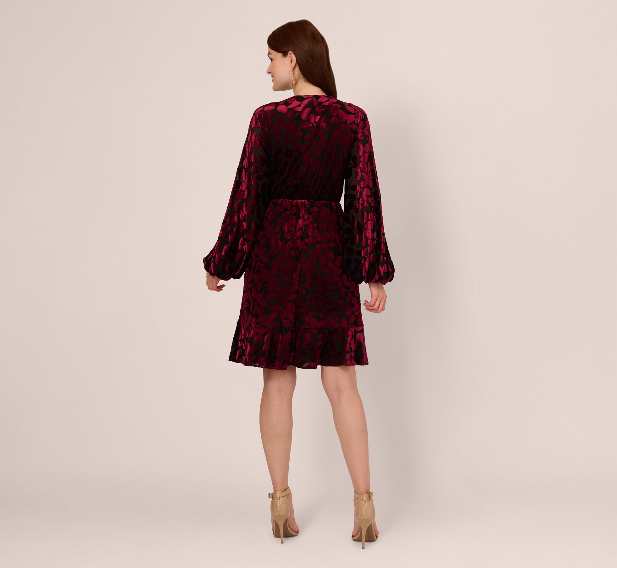 Velvet Burnout Faux Wrap Dress With Long Bishop Sleeves In Burgundy Black、mySite、solidvoid