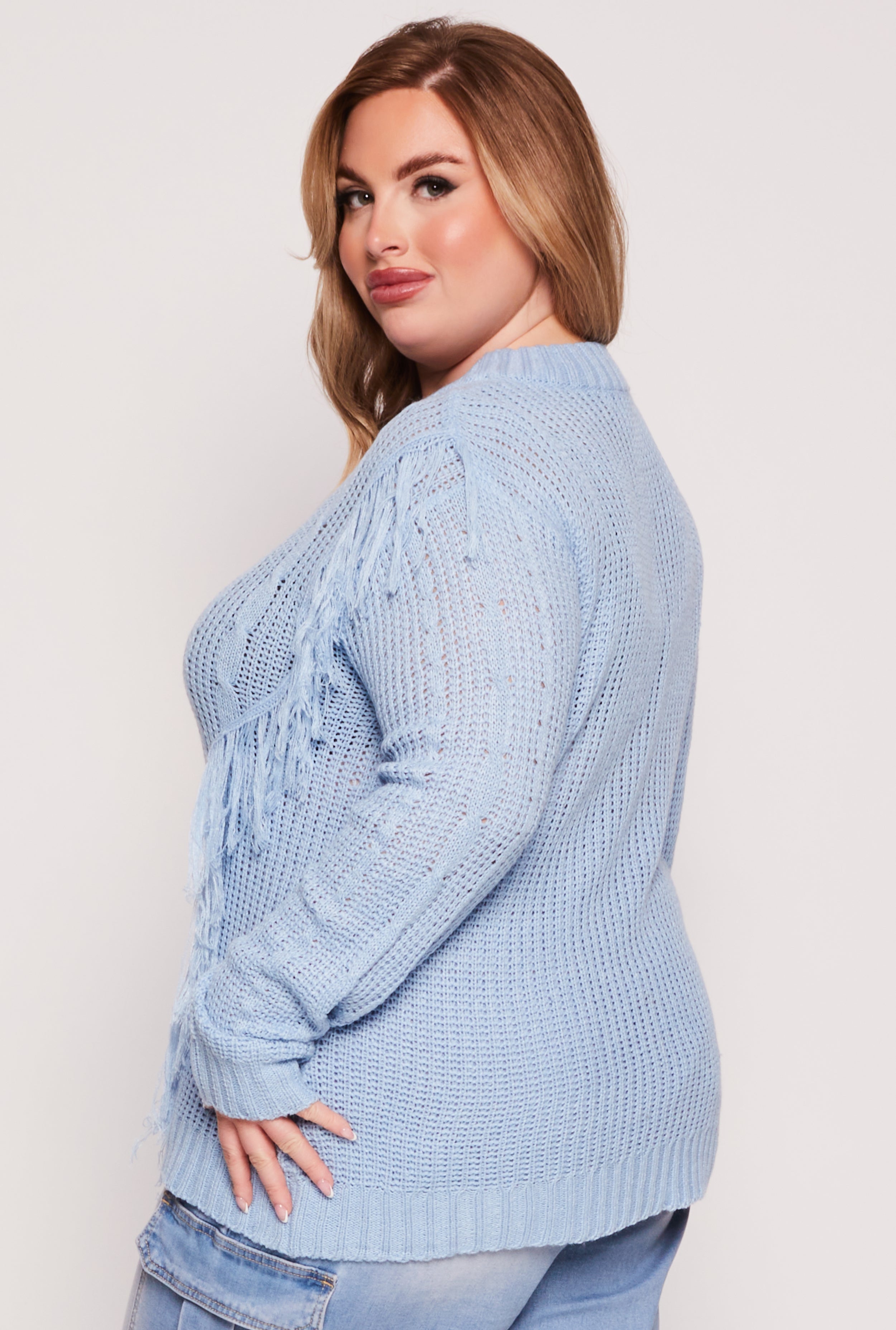 Plus Size Fringe Cable Knit Sweater、mySite、camillekostekn