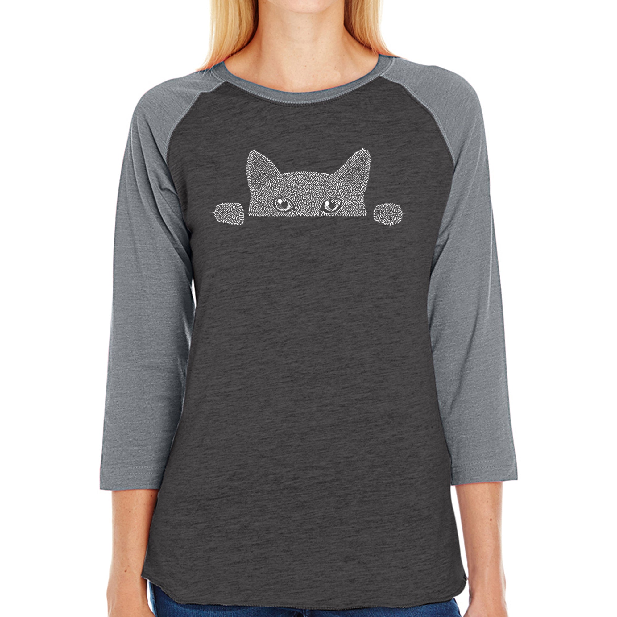Peeking Cat - Women's Raglan Baseball Word Art T-Shirt、mySite、camillekostekn