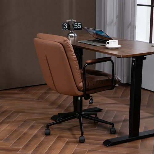 Office Chair,Mid Back Home Office Desk Task Chair with Wheels and Arms Ergonomic PU Leather Computer Rolling Swivel Chair with Padded Armrest,The back of the chair can recline 40° (Brown)、、casual