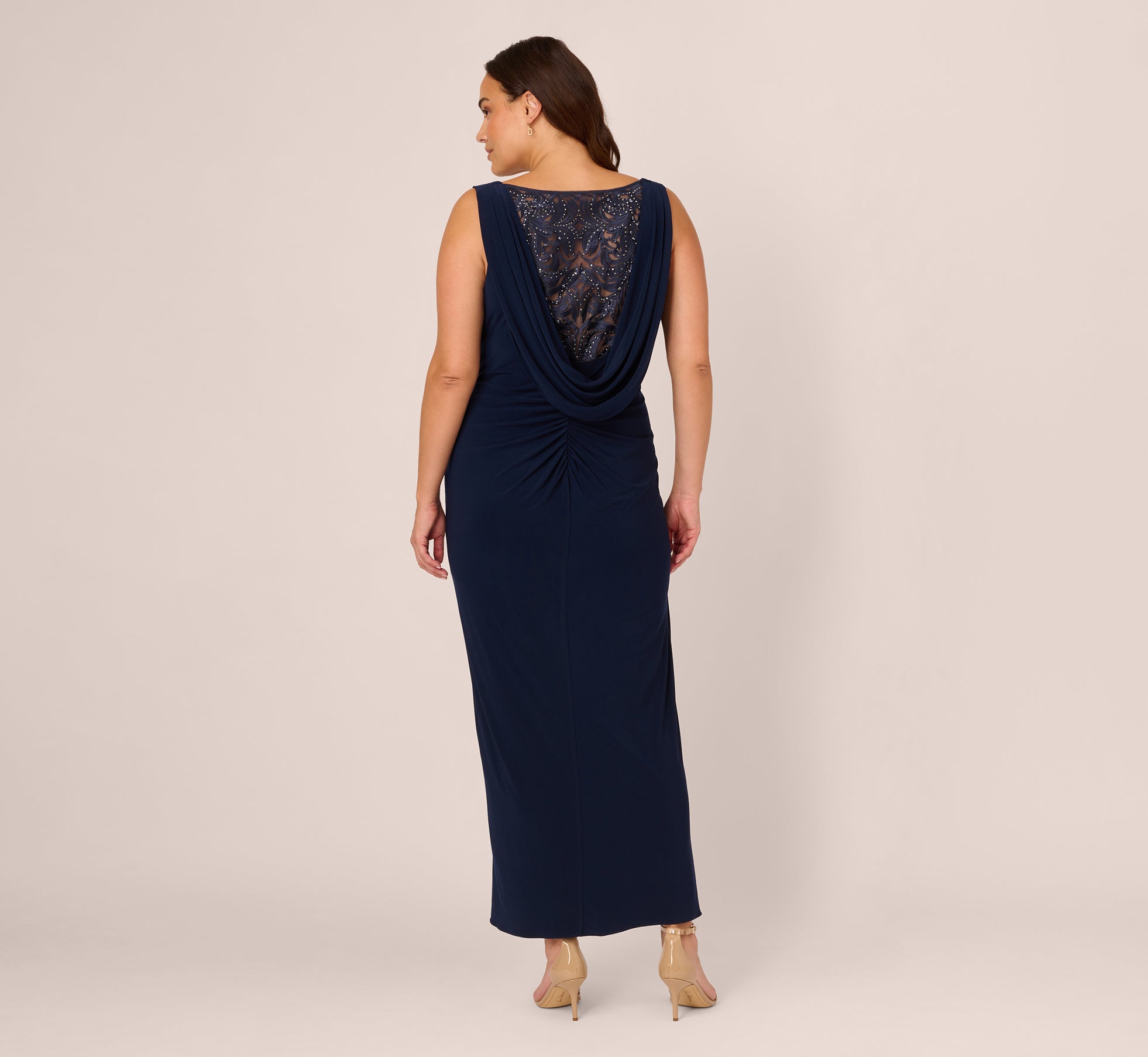 Plus Size Sleeveless Jersey Gown With Embellished Lace Cowl Back In Midnight、mySite、solidvoid