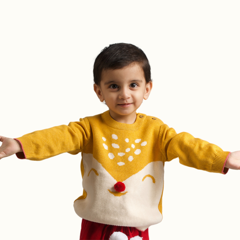 Cotton Sweater For Kids | Cuddly Fox Printed | Mustard Yellow、mySite、camillekostekn