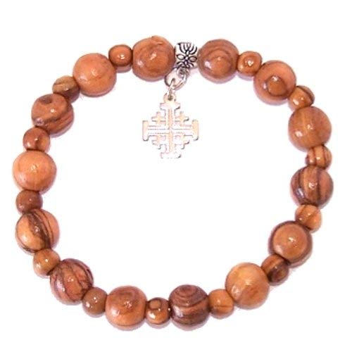  Elastic Olive wood religious bracelet with Silver tone Jerusalem Cross packed as a gift with Certificate、mySite、elrpsem3k