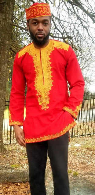 Men's Red African Dashiki Shirt with Gold Embroidery-DP4004、mySite、solidvoid