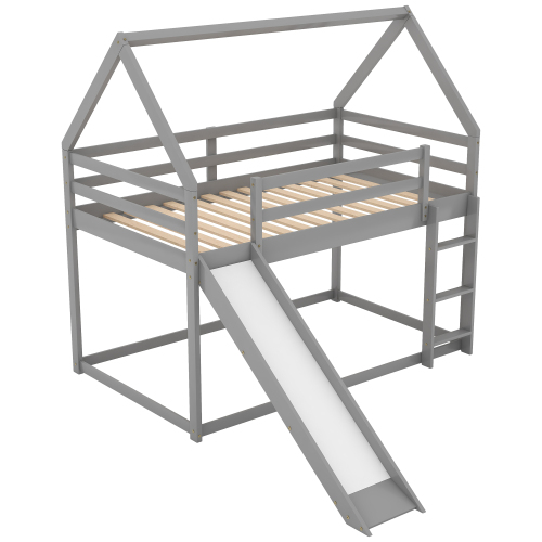 Twin Size Bunk House Bed with Slide and Ladder,White、、casual