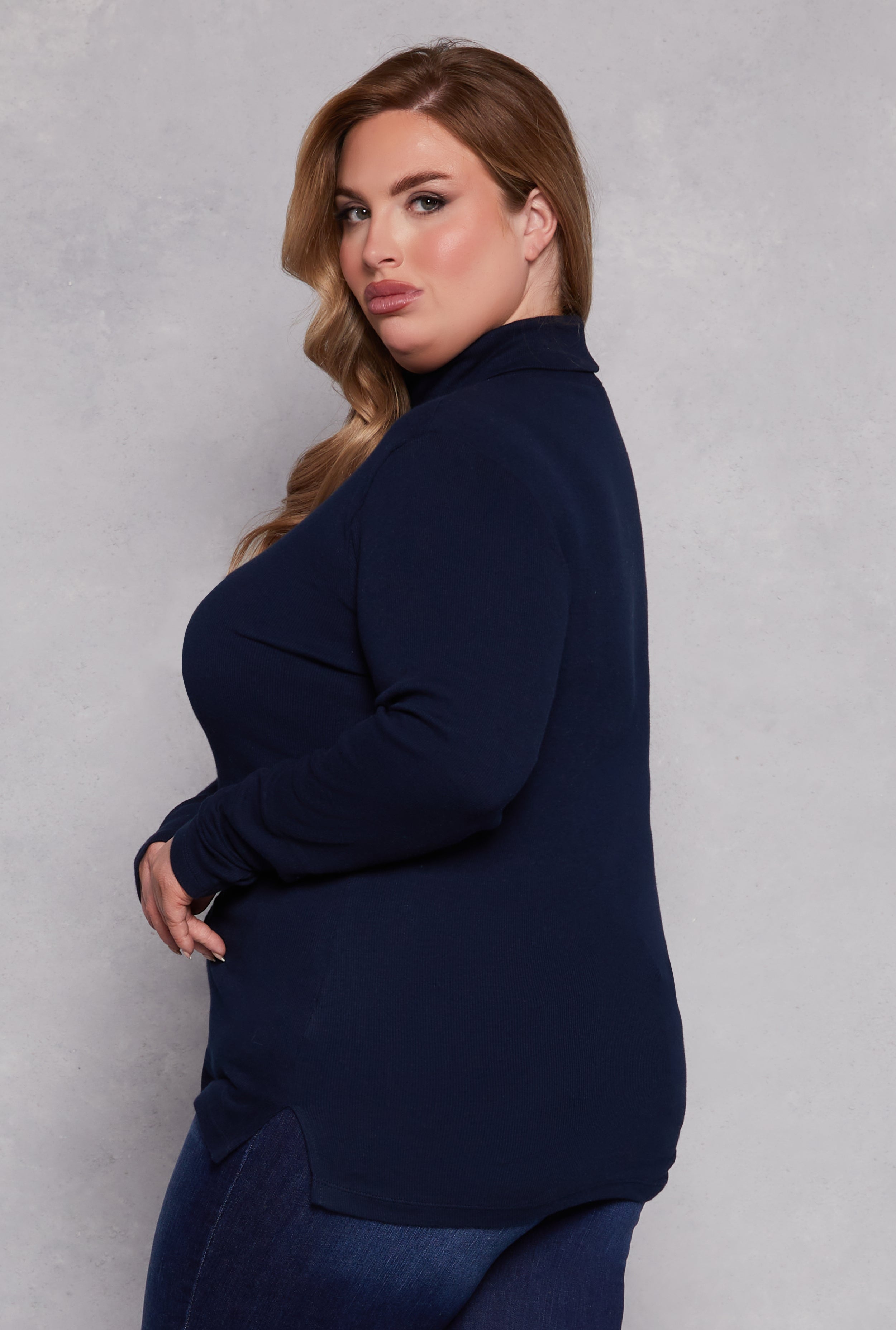 Plus Size Ribbed Knit Long Sleeve Turtleneck Top、mySite、camillekostekn
