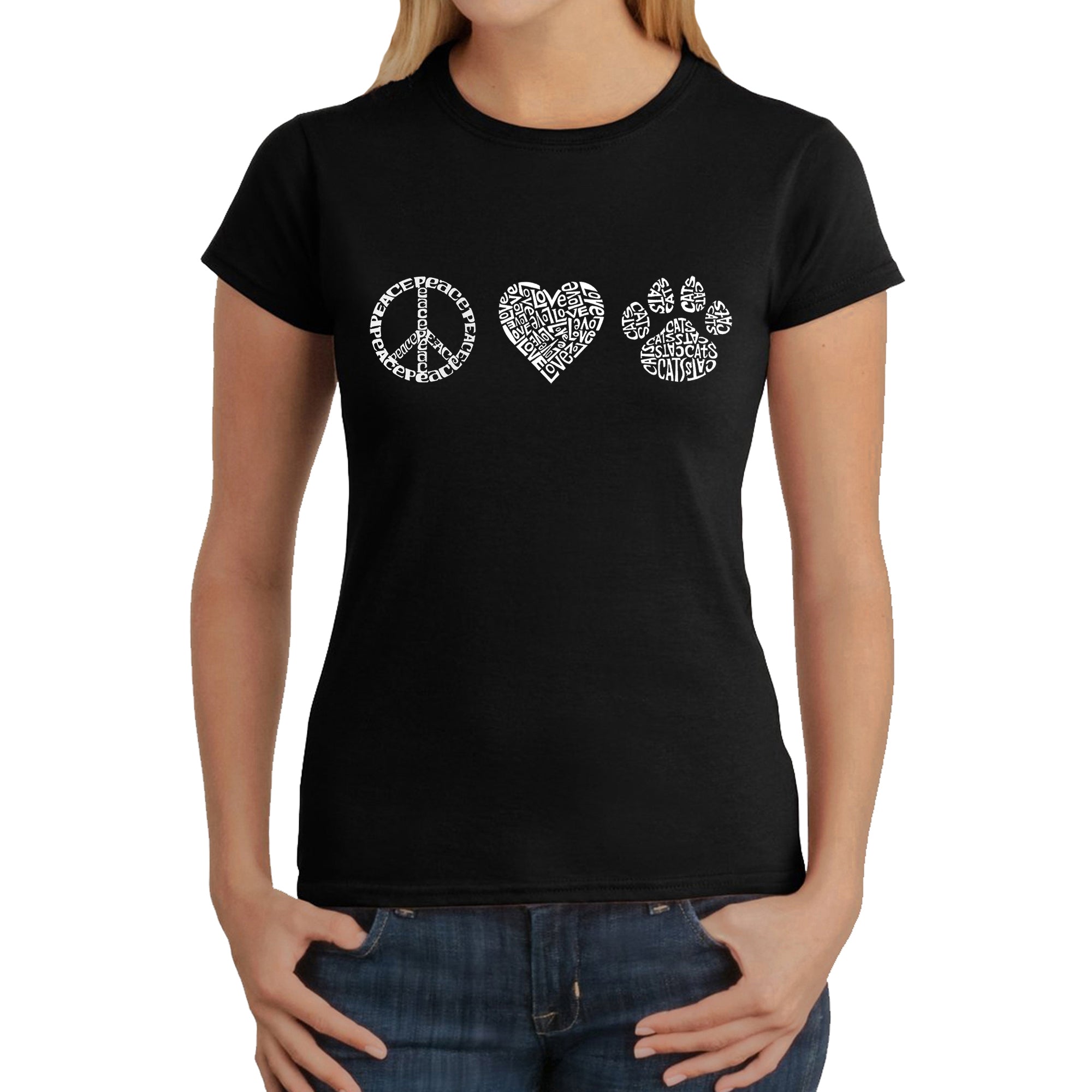 Peace Love Cats - Women's Word Art T-Shirt、mySite、camillekostekn