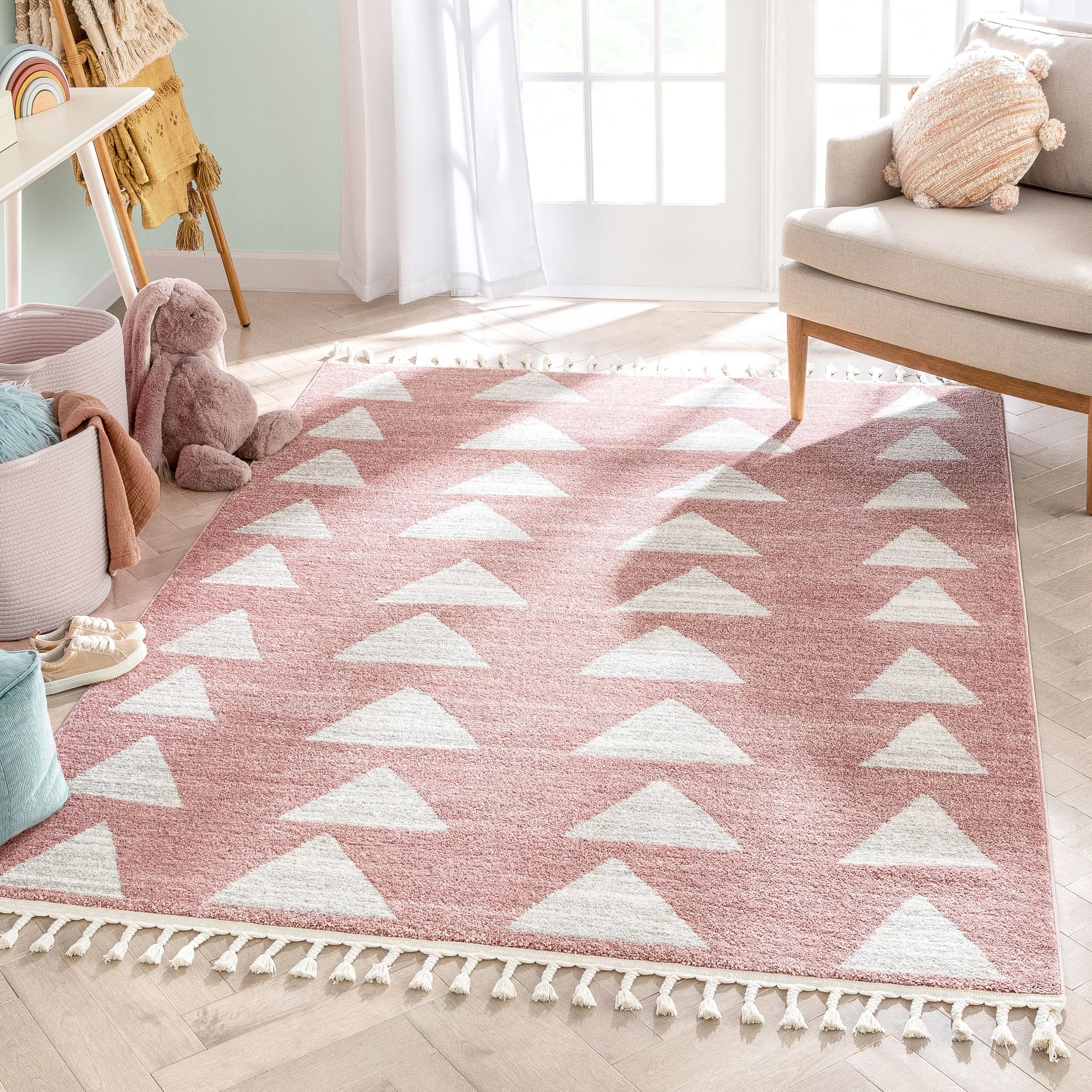 Triangles Modern Geometric Pattern Pink Kids Rug、mySite、gigharbornorthrealestate