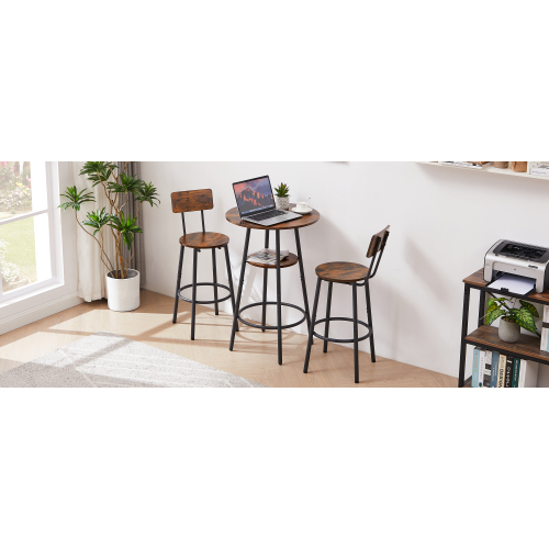 Round bar stool set with shelves, stool with backrest Rustic Brown, 23.6'' Dia x 35.4'' H、、casual