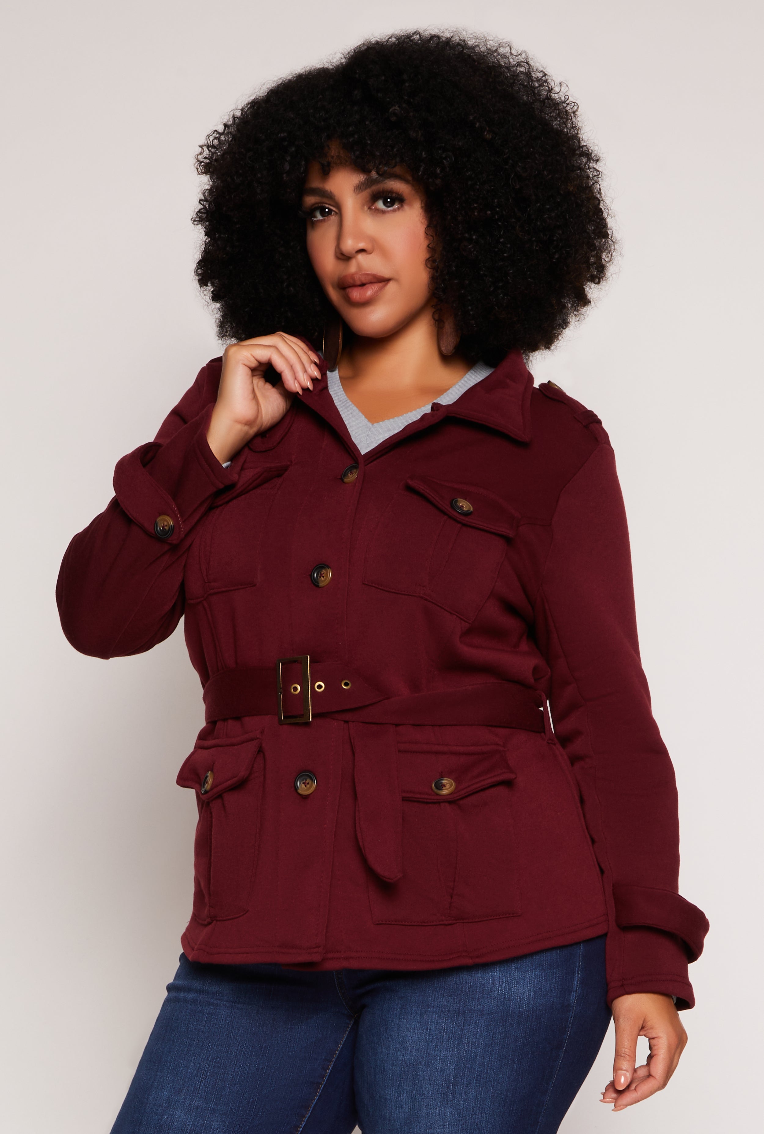 Plus Size Fleece Belted Military Jacket、mySite、camillekostekn