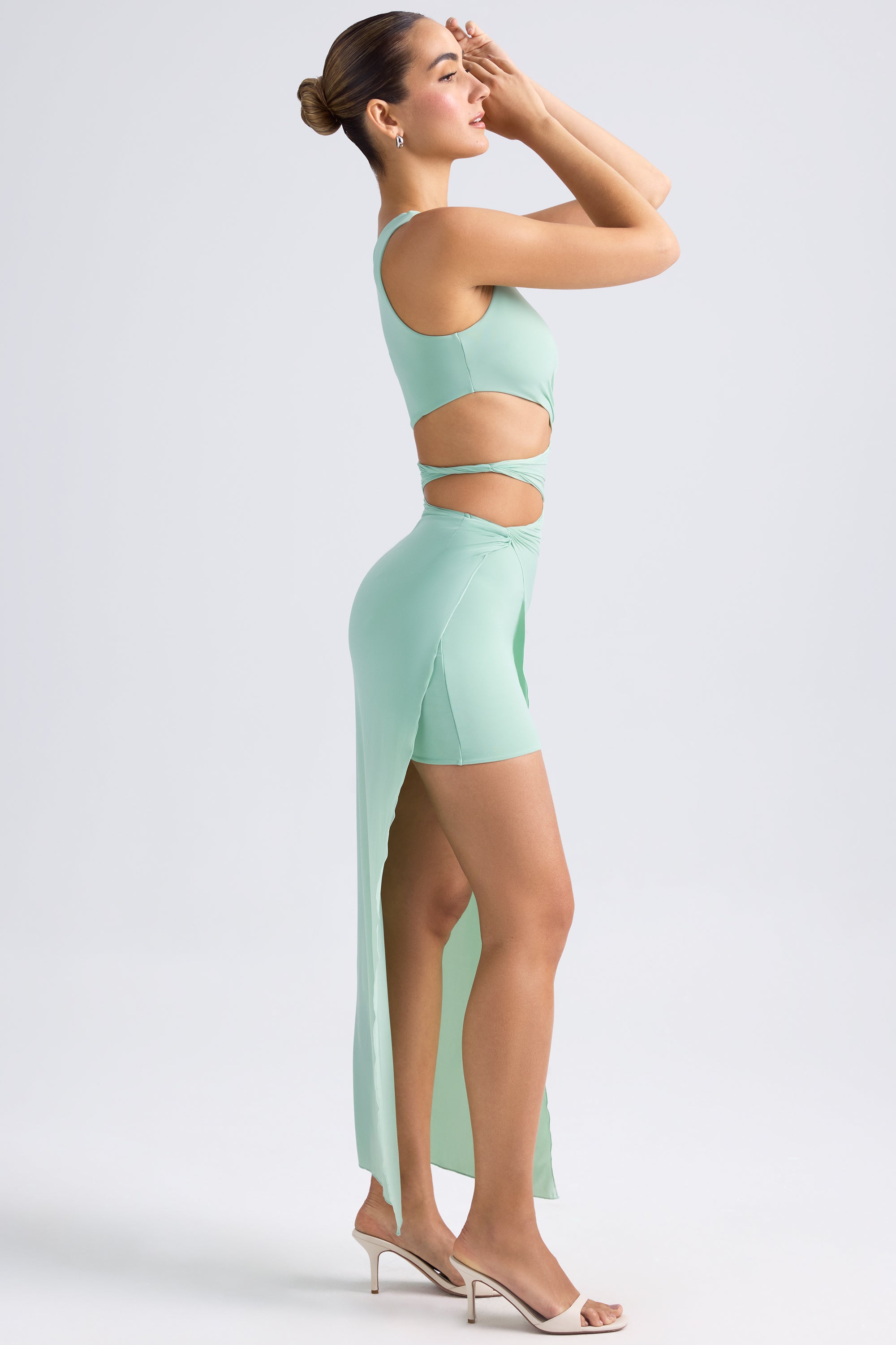One-Shoulder Draped Cut-Out Maxi Dress in Pastel Green、mySite、solidvoid