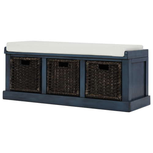 TREXM Rustic Storage Bench with 3 Removable Classic Rattan Basket , Entryway Bench Storage Bench with Removable Cushion (White)、、casual