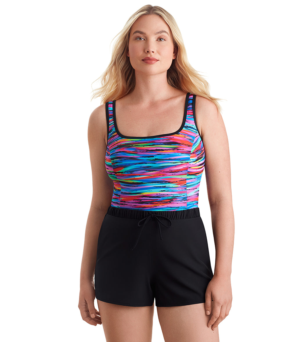 Shape Solver SPORT Women's Tidal Wave Binded Scoopneck Runaround One Piece Swimsuit、mySite、noshort
