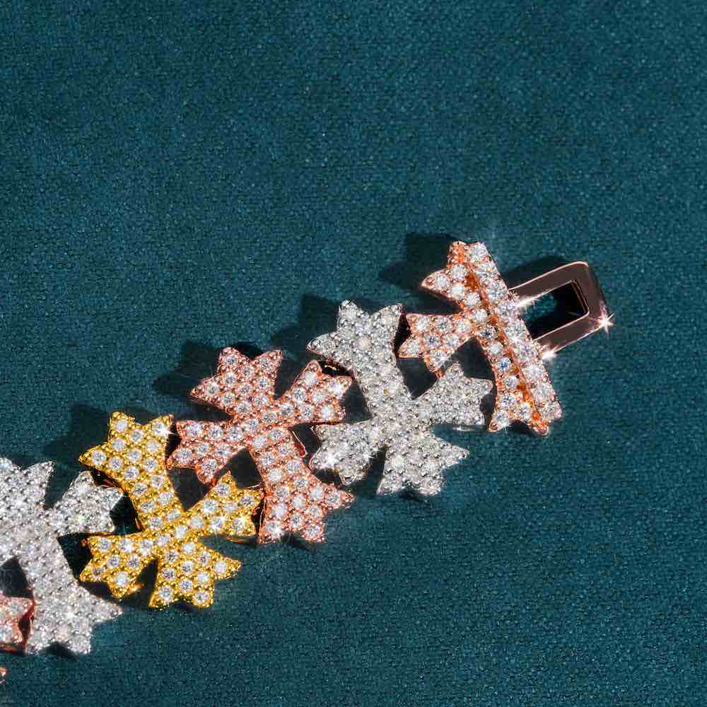 16MM Moissanite Cross Link Bracelet 14K Tri Tone、mySite、hinf8tx79