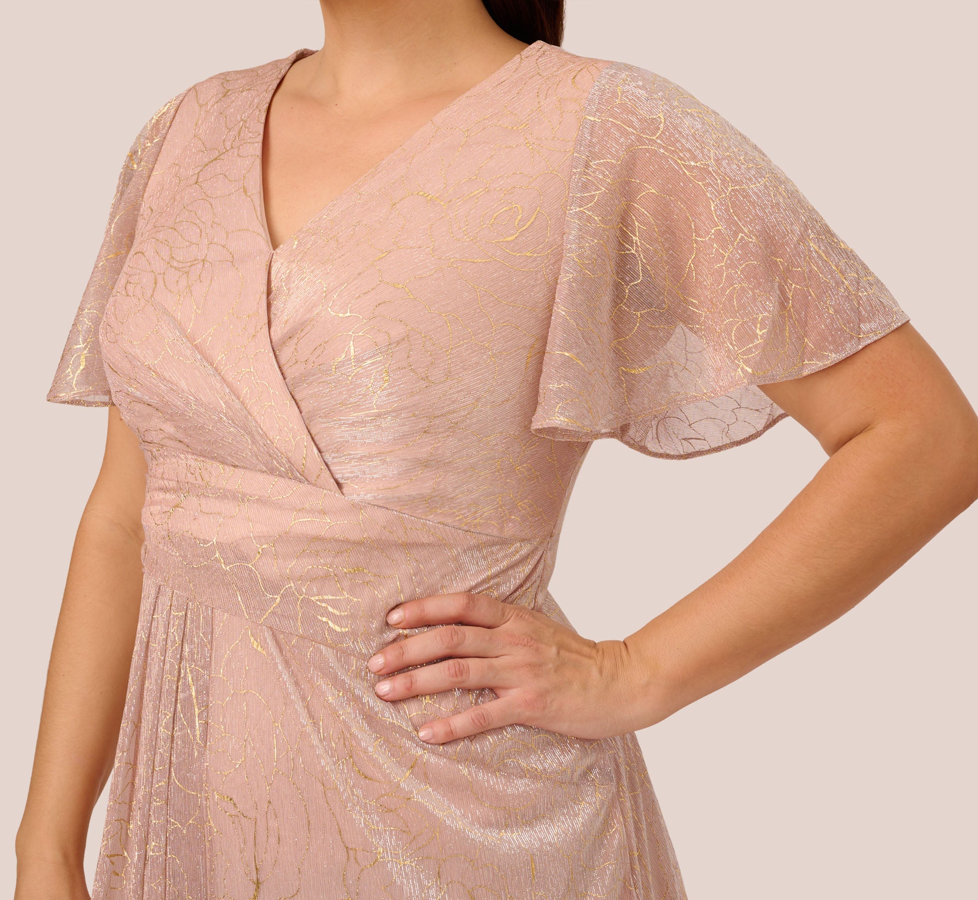 Plus Size Metallic Mesh Draped Gown In Rose Gold、mySite、solidvoid