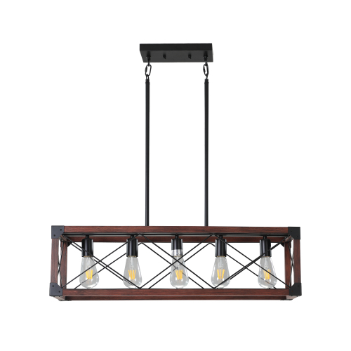 (Same as W1340P155968/L1011-RW) 32" Red Wood Industrial Farmhouse Rectangle Pendant Light, 5-Light Chandelier for Dining Room, Kitchen Island, Cafe Decor (No Bulbs)、、eastwooduniform